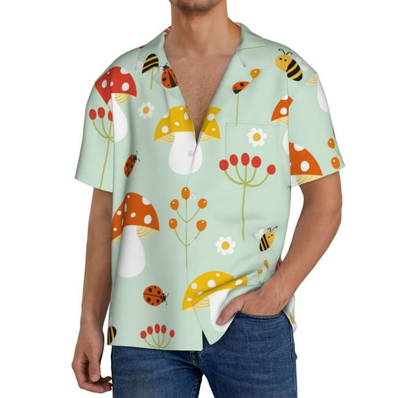 Pofeuu Mushroom Bee Print Mens Casual Short Sleeve Shirts Beach Summer Spread Collar Pocket Tops Men's Casual Short-sleeved Shirt-Small