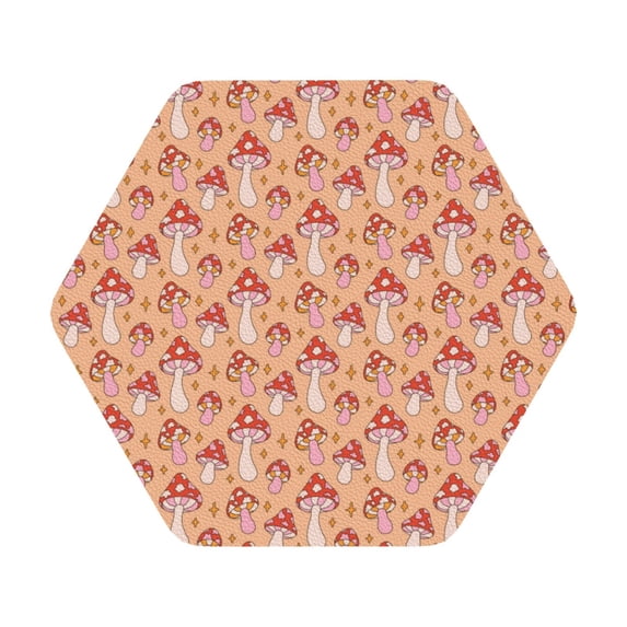 Pofeuu Mushroom Print Leather Coasters Set of 6, Round Cups Mugs Mat Pad for Home Kitchen Heat Resistant Drink Coasters,Hexagon