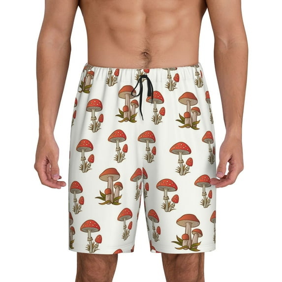 Pofeuu Mushroom Print Men's Soft Woven Elastic Waistband Sleep Pajama Short-Medium