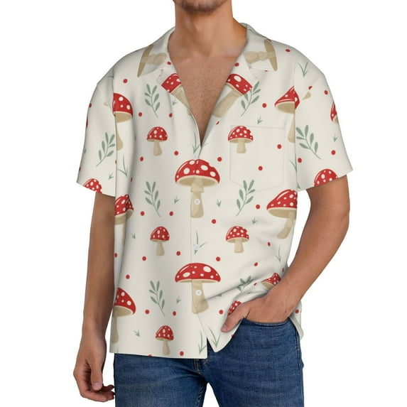 Pofeuu Mushroom Print Mens Casual Short Sleeve Shirts Beach Summer Spread Collar Pocket Tops Men's Casual Short-sleeved Shirt-XX-Large
