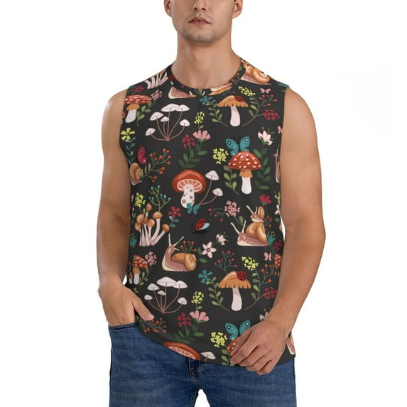 Pofeuu Mushroom Snail Print Men's Muscle T-Shirt, Sleeveless, Muscle Tank, Classic Muscle Tee Top For Men Casual Sleeveless Muscle T-Shirt Trendy Clothes-Medium