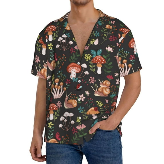 Pofeuu Mushroom Snail Print Mens Casual Short Sleeve Shirts Beach Summer Spread Collar Pocket Tops Men's Casual Short-sleeved Shirt-XX-Large