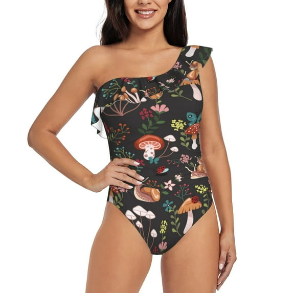 Pofeuu Mushroom Snail Print Women's One Piece Swimsuits One Shoulder Swimwear Asymmetric Ruffle Monokinis Bathing Suits-XX-Large