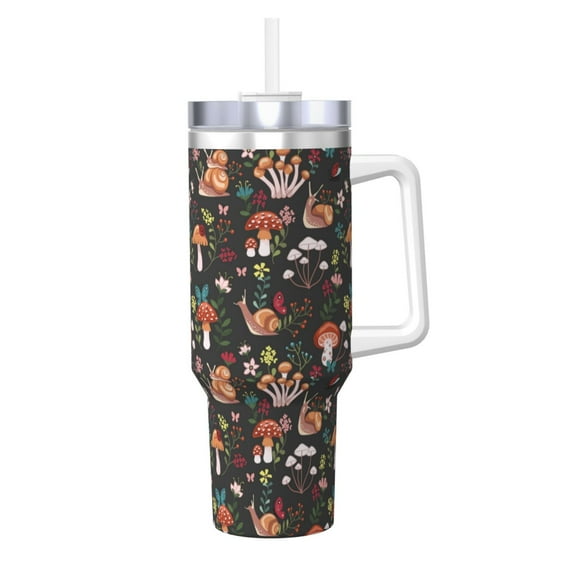 Pofeuu Mushroom With Snails Print 40oz Ice Bully With Handle And Straw Stainless Steel Vacuum Insulated Cup And 2 In 1 Straw Lid