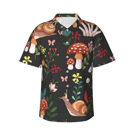 Pofeuu Mushroom With Snails Print Hawaiian Shirt for Men Sleeves Casual Button Down Summer Beach Dress Shirts T-Shirts,XX-Large