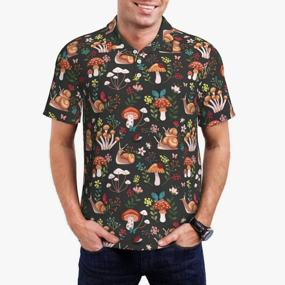 Pofeuu Mushroom With Snails Print Men's Loose Fit Midweight Short-Sleeve Pocket Polo-3X-Large