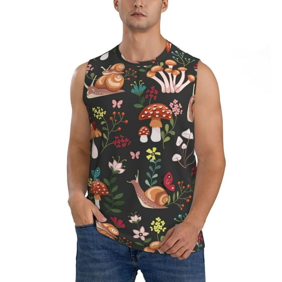 Pofeuu Mushroom With Snails Print Men's Muscle T-Shirt, Sleeveless, Muscle Tank, Classic Muscle Tee Top For Men Casual Sleeveless Muscle T-Shirt Trendy Clothes-Small