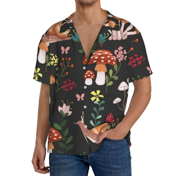 Pofeuu Mushroom With Snails Print Mens Casual Short Sleeve Shirts Beach Summer Spread Collar Pocket Tops Men's Casual Short-sleeved Shirt-3X-Large