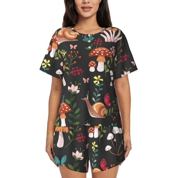 Pofeuu Mushroom With Snails Print Women's Pajama Set Short/Shorts Soft Button PJs Elastic Drawstring Waist Sleepwear-3X-Large