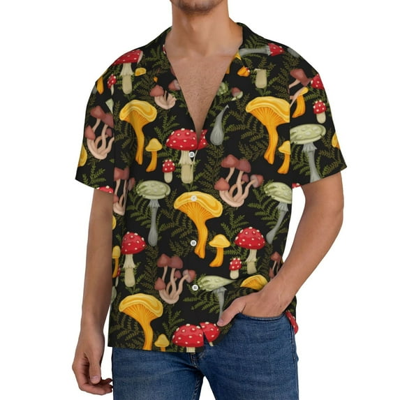 Pofeuu Mushrooms And Fern Stems Print Mens Casual Short Sleeve Shirts Beach Summer Spread Collar Pocket Tops Men's Casual Short-sleeved Shirt-3X-Large