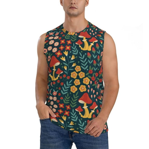 Pofeuu Mushrooms And Flowers Print Men's Muscle T-Shirt, Sleeveless, Muscle Tank, Classic Muscle Tee Top For Men Casual Sleeveless Muscle T-Shirt Trendy Clothes-XX-Large