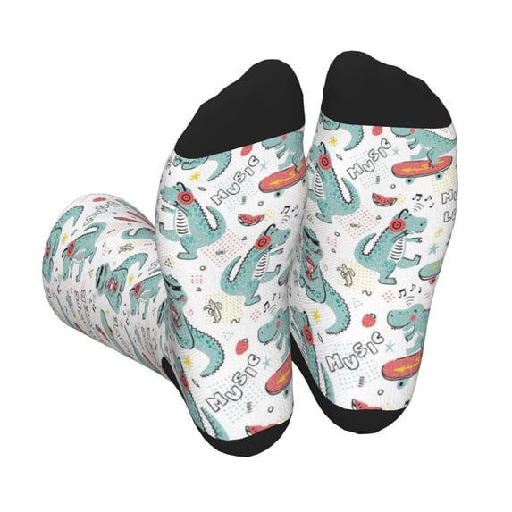 Pofeuu Music Lover Dinosaur Print Crew Socks, Adult Running Hiking Socks for Youth and Adult