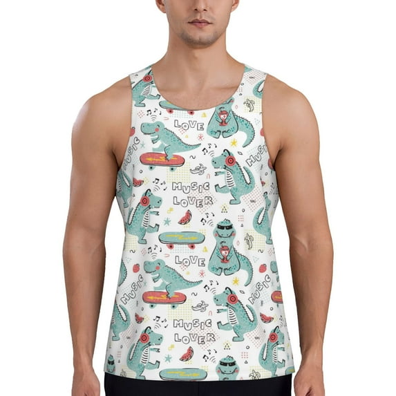 Pofeuu Music Lover Dinosaur Print Men's Workout Tank Tops Sleeveless Muscle Gym Shirt Quick Dry-X-Large