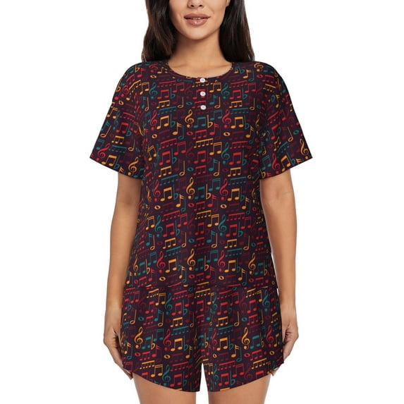 Pofeuu Music Print Women's Pajama Set Short/Shorts Soft Button PJs Elastic Drawstring Waist Sleepwear-X-Large