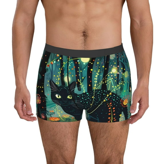 Pofeuu Mystical Black Cat Fireflies Print Men’s Boxer Briefs, Moisture-Wicking Underwear, Regular,Trunk-Small