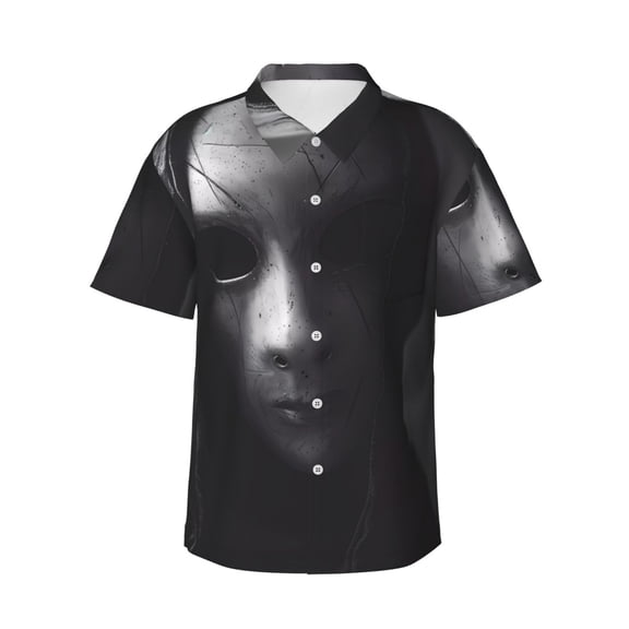 Pofeuu Mystical Masked Figure Monochrome Print Hawaiian Shirt for Men Sleeves Casual Button Down Summer Beach Dress Shirts T-Shirts,3X-Large
