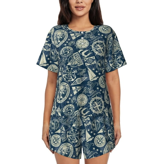 Pofeuu Nautical Style Print Women's Pajama Set Short/Shorts Soft Button PJs Elastic Drawstring Waist Sleepwear-4X-Large
