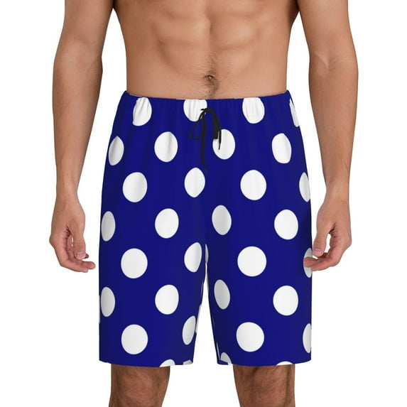 Pofeuu Navy And White Polka Dot Print Men's Soft Woven Elastic Waistband Sleep Pajama Short-Medium