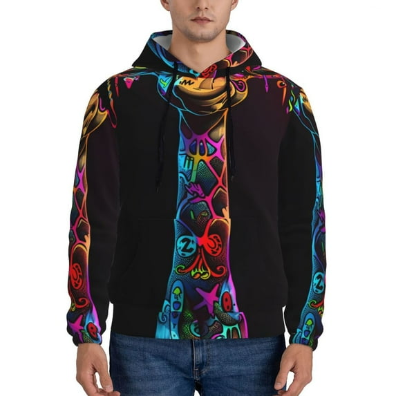 Pofeuu Neon Psychedelic Giraffe Print Mens Casual Hooded Collar Drawstring Hoodies Pullover Sweatshirts Casual Long Sleeve Shirts-XX-Large