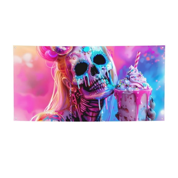 Pofeuu Neon Skull With Milkshake Print Colorful Yard Festival Banner Sign Party Outdoor & Indoor Party Decoration Banne Festival Yard Sign-