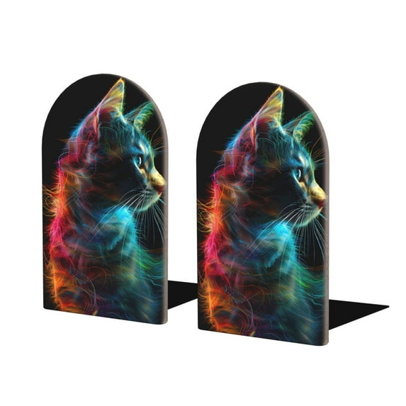 Pofeuu Neon Spectrum Cat Portrait Print Large Bookend Hold Heavy Books- Wood Bookends for Heavy Books Heavy Duty Book Ends Wood Bookends for Office Desk Non-Skid
