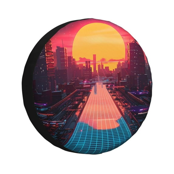 Pofeuu Neon Sunset Cyberpunk Cityscape Print Spare Tire Wheel Cover for Car Truck SUV Camper Universal Fit Spare Tire Cover RV Spare Tire Covers-15 inch