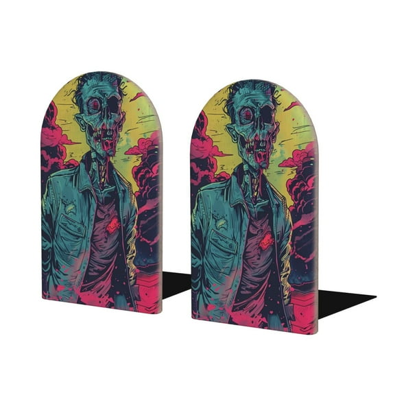Pofeuu Neon Zombie Skull Print Large Bookend Hold Heavy Books- Wood Bookends for Heavy Books Heavy Duty Book Ends Wood Bookends for Office Desk Non-Skid