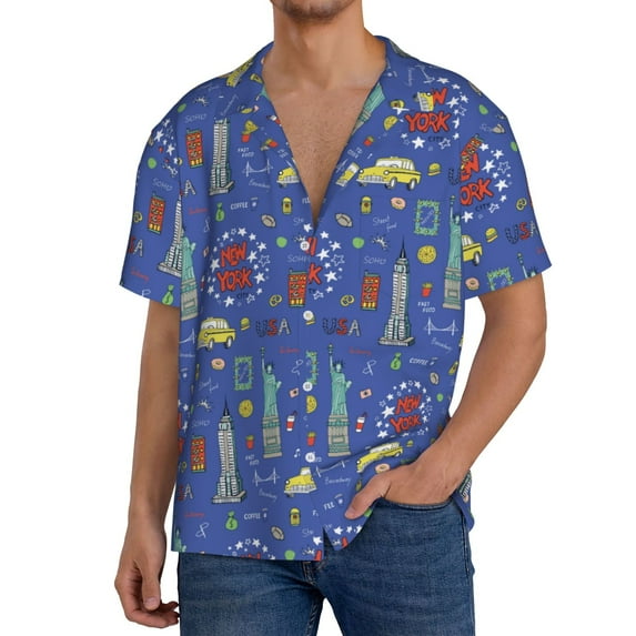 Pofeuu New-York City Print Mens Casual Short Sleeve Shirts Beach Summer Spread Collar Pocket Tops Men's Casual Short-sleeved Shirt-Medium