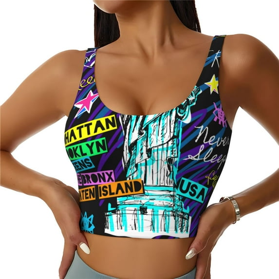 Pofeuu New York City Print Sports Bra for Women Sexy Vest Yoga Running Gym Fitness Crop Bras Tops-Large
