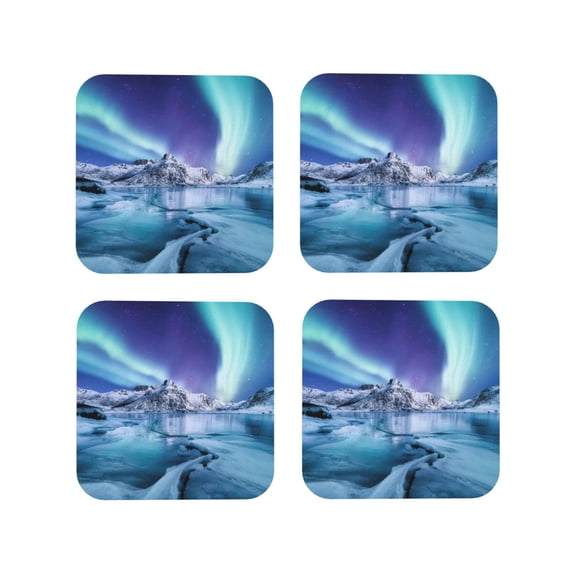Pofeuu Night At Lake Aurora 1 Print Coasters for Drinks, 4Pack PU Leather Coasters, Bar Drink Coasters for Tabletop Protection, Furniture from Damage-Square