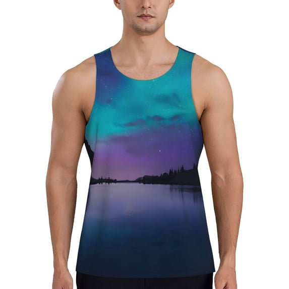 Pofeuu Night At Lake Aurora Print Men's Workout Tank Tops Sleeveless Muscle Gym Shirt Quick Dry-3X-Large