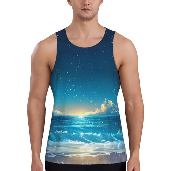 Pofeuu Night Sky Beach Scene Print Men's Workout Tank Tops Sleeveless Muscle Gym Shirt Quick Dry-4X-Large