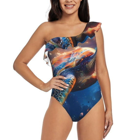 Pofeuu Night Sky Turtle Print Women's One Piece Swimsuits One Shoulder Swimwear Asymmetric Ruffle Monokinis Bathing Suits-X-Large