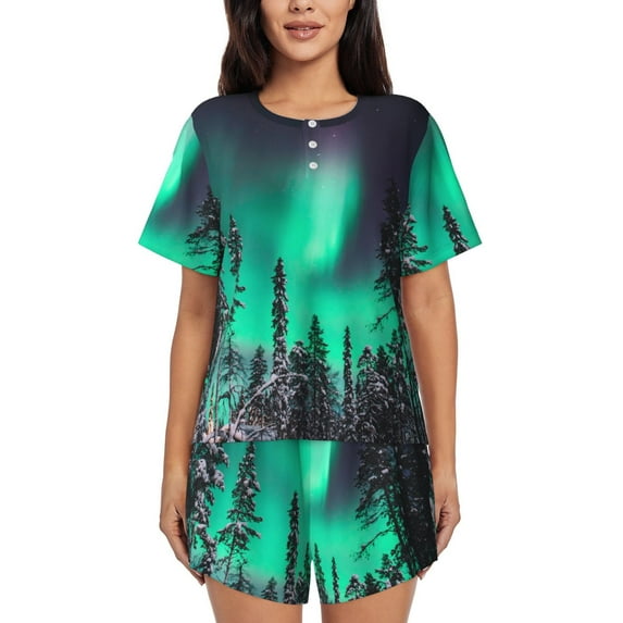 Pofeuu Northern Lights 2 Print Women's Pajama Set Short/Shorts Soft Button PJs Elastic Drawstring Waist Sleepwear-XX-Large