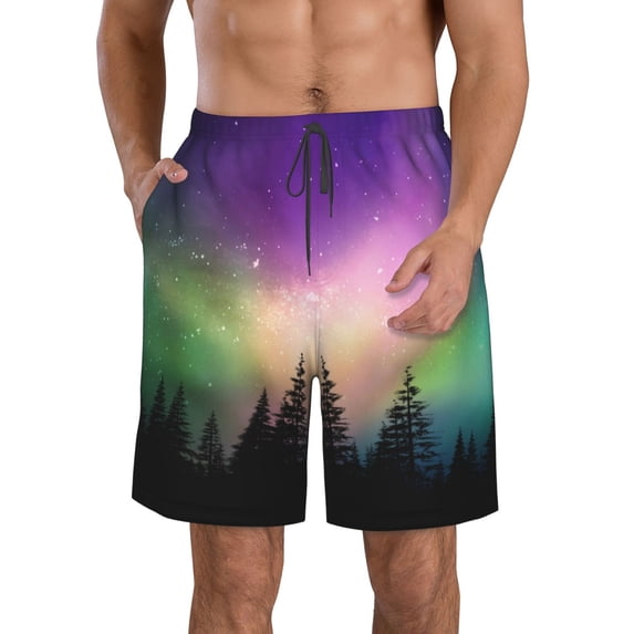 Pofeuu Northern Lights Prin Men's Swim Trunks Quick Dry Bathing Suit Swimming Board Shorts Mesh Lining Beach Swimwear-Large