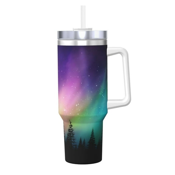 Pofeuu Northern Lights Print 40oz Ice Bully With Handle And Straw Stainless Steel Vacuum Insulated Cup And 2 In 1 Straw Lid