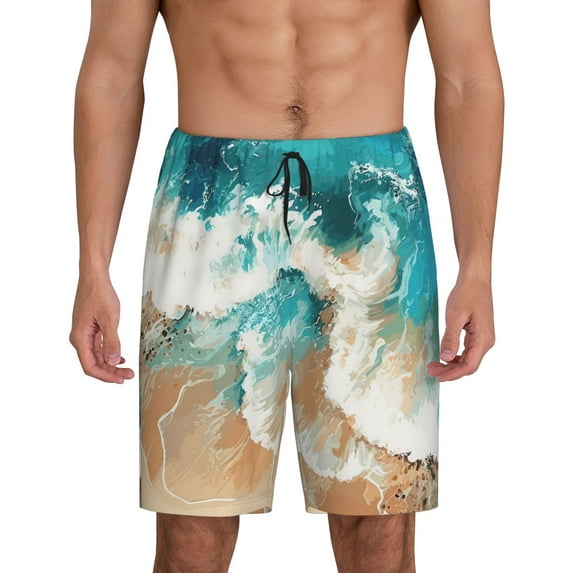 Pofeuu Ocean Wave Crash Print Men's Soft Woven Elastic Waistband Sleep Pajama Short-Small