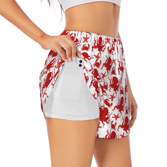 Pofeuu Octopus Print Women's Athletic Shorts Running Workout Shorts Tummy Control Quick Dry Gym Shorts with Pockets Double layer sports shorts-Small