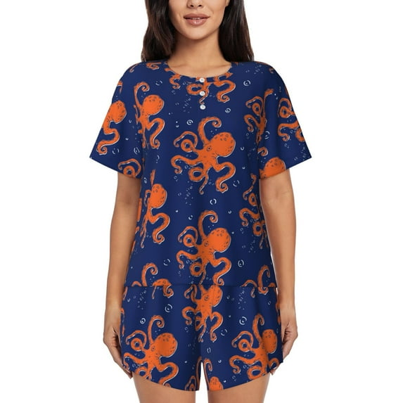 Pofeuu Octopus Print Women's Pajama Set Short/Shorts Soft Button PJs Elastic Drawstring Waist Sleepwear-XX-Large