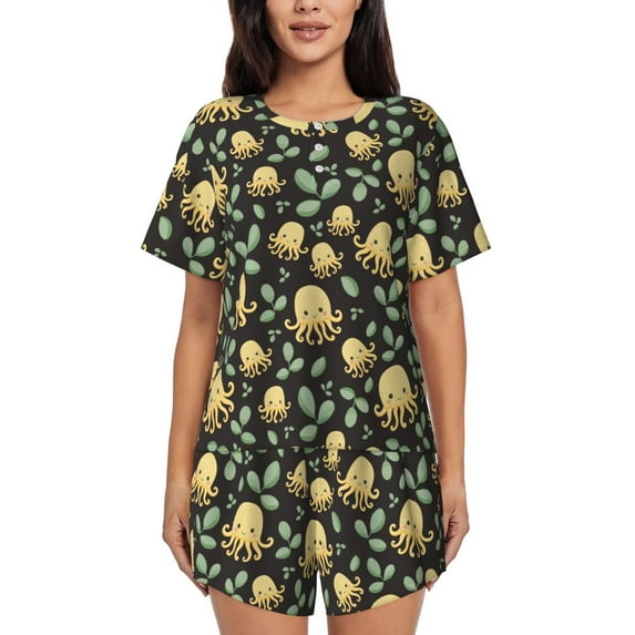 Pofeuu Octopuses And Leaves Print Women's Pajama Set Short/Shorts Soft Button PJs Elastic Drawstring Waist Sleepwear-3X-Large