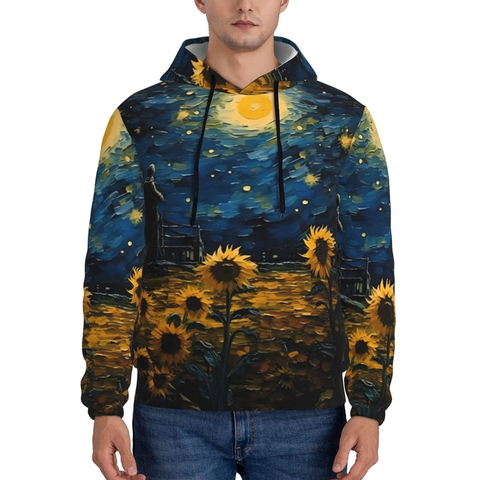 Pofeuu Oil Starry Sky Sunflower Print Mens Casual Hooded Collar ...