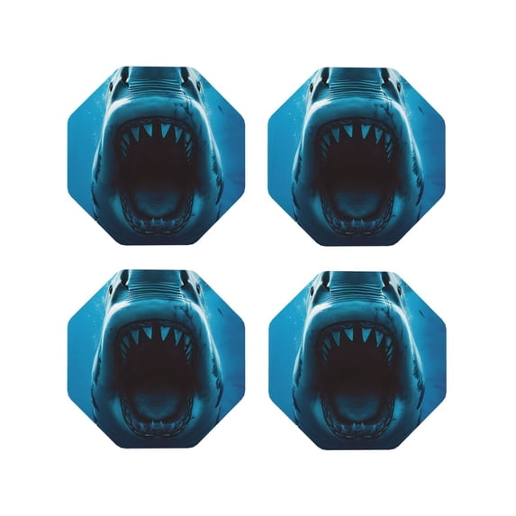 Pofeuu Open-Mouthed Shark Print Coasters for Drinks, 4Pack PU Leather Coasters, Bar Drink Coasters for Tabletop Protection, Furniture from Damage-Octagon