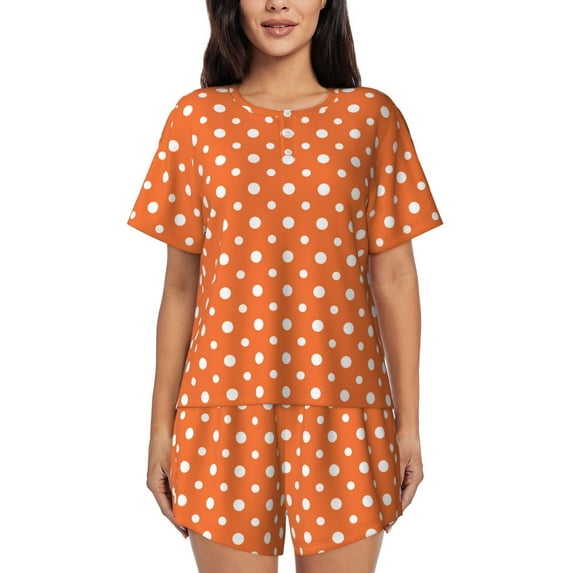 Pofeuu Orange And White Polka Dot Print Women's Pajama Set Short/Shorts Soft Button PJs Elastic Drawstring Waist Sleepwear-3X-Large