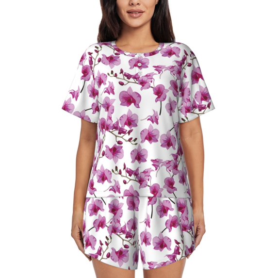 Pofeuu Orchids Flowers Print Women's Pajama Set Short/Shorts Soft Button PJs Elastic Drawstring Waist Sleepwear-3X-Large
