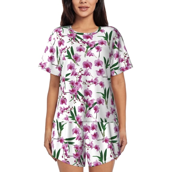 Pofeuu Orchids Flowers Print Women's Pajama Set Short/Shorts Soft Button PJs Elastic Drawstring Waist Sleepwear-Small