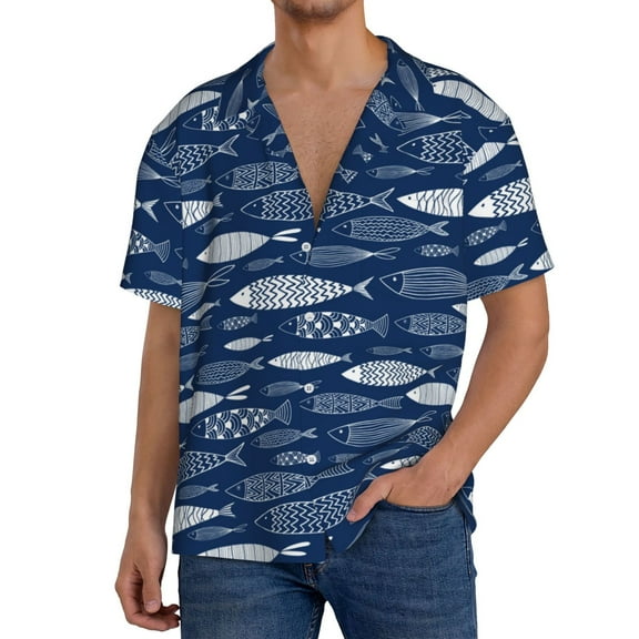 Pofeuu Ornamental Fish Print Mens Casual Short Sleeve Shirts Beach Summer Spread Collar Pocket Tops Men's Casual Short-sleeved Shirt-Small