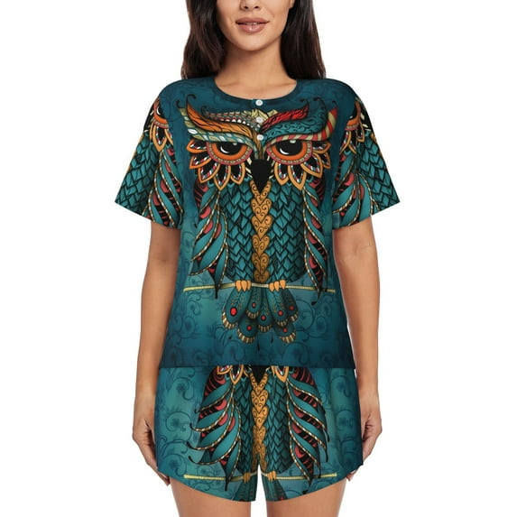 Pofeuu Owl In Blue Print Women's Pajama Set Short/Shorts Soft Button PJs Elastic Drawstring Waist Sleepwear-4X-Large