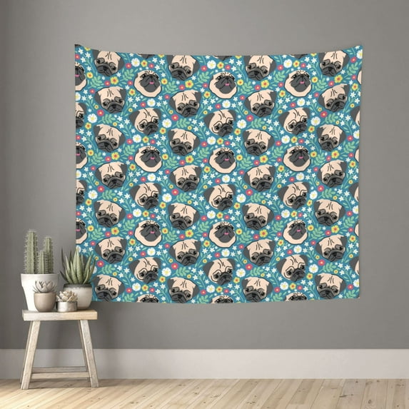 Pofeuu PUG HEAD And Flower Print Wall Tapestry Decoration Wall Hanging Tapestry 60 x 51 Inch