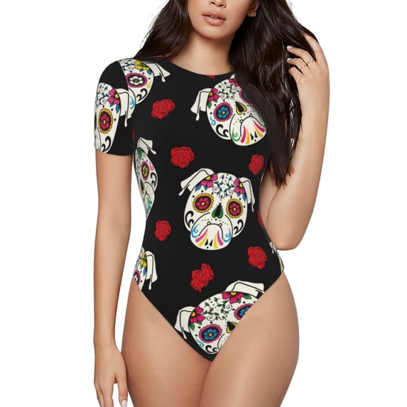 Pofeuu PUG Print Short Sleeve Body Suits Women Round Neck Bodysuits for Women Onesie Adult Set Body Suit-Small