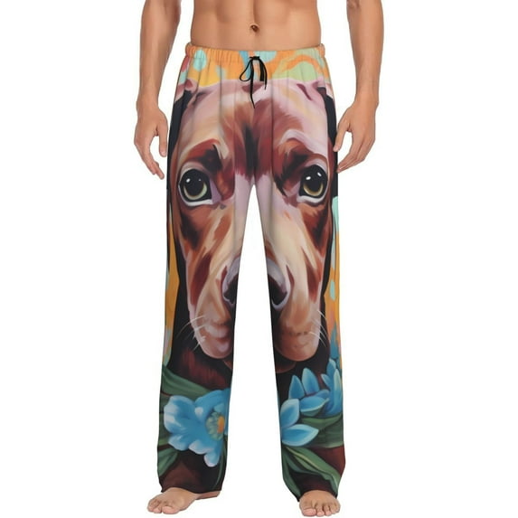 Pofeuu Painted Flower Puppy Print Men's Pajama Pants, Soft Lounge Pajama Pants with big pockets for Men Plaid Pj Bottoms-XX-Large